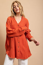 Red Clay Button Down V-Neck Gauze Top with Frayed Hem