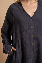 Ash Button Down V-Neck Gauze Top with Frayed Hem
