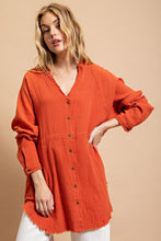 Red Clay Button Down V-Neck Gauze Top with Frayed Hem