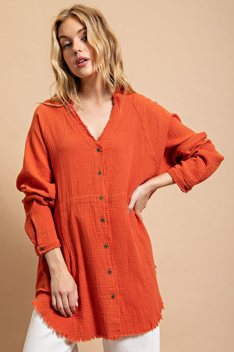 Red Clay Button Down V-Neck Gauze Top with Frayed Hem