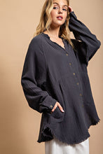 Ash Button Down V-Neck Gauze Top with Frayed Hem