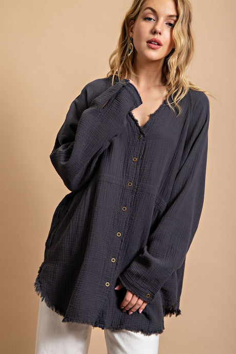 Ash Button Down V-Neck Gauze Top with Frayed Hem