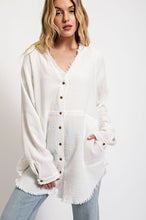 Off White Button Down V-Neck Gauze Top with Frayed Hem