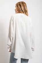 Off White Button Down V-Neck Gauze Top with Frayed Hem