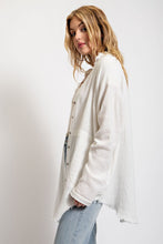 Off White Button Down V-Neck Gauze Top with Frayed Hem