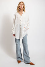 Off White Button Down V-Neck Gauze Top with Frayed Hem