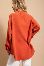 Red Clay Button Down V-Neck Gauze Top with Frayed Hem