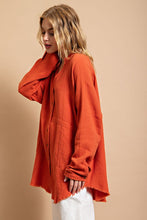 Red Clay Button Down V-Neck Gauze Top with Frayed Hem