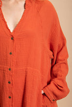 Red Clay Button Down V-Neck Gauze Top with Frayed Hem