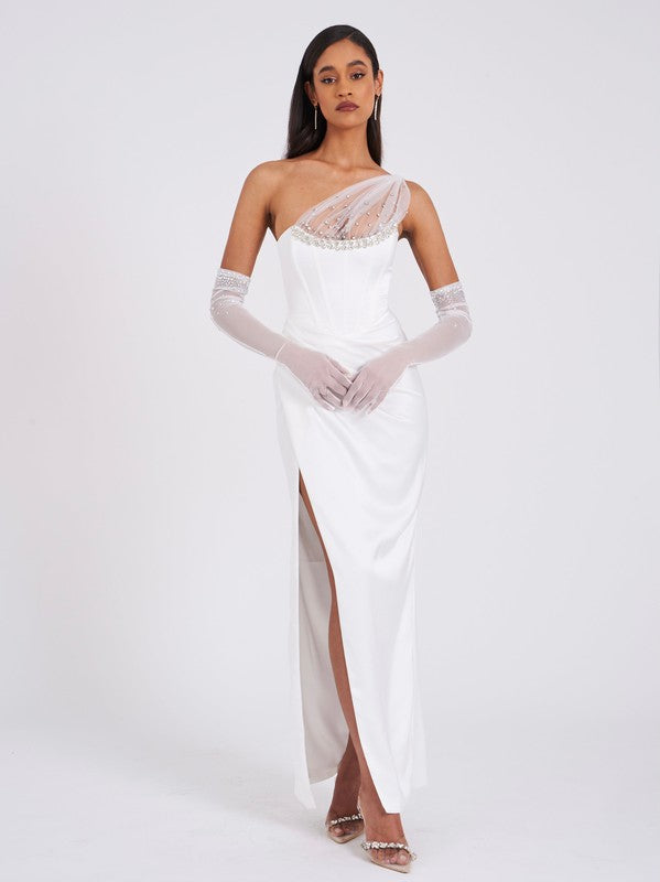 Lora White Crystal Embellished Mesh Corset Gown