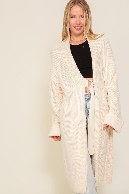 Ivory Long Slouchy Cardigan With Belt