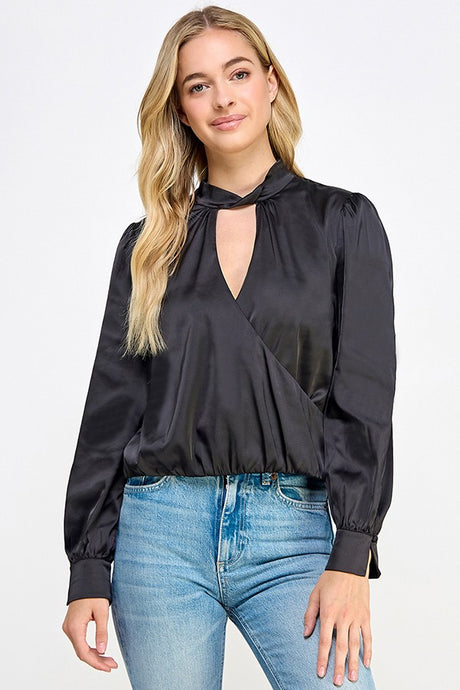 Black Long Sleeve Surplice Top With Twisted Neck