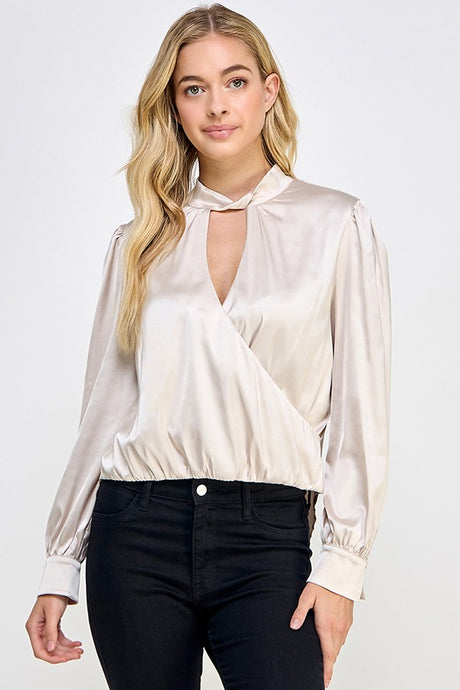 Champagne Long Sleeve Surplice Top With Twisted Neck