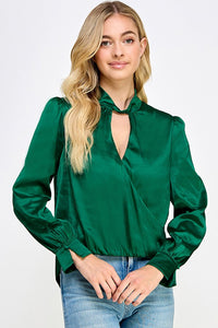Emerald Green Long Sleeve Surplice Top With Twisted Neck