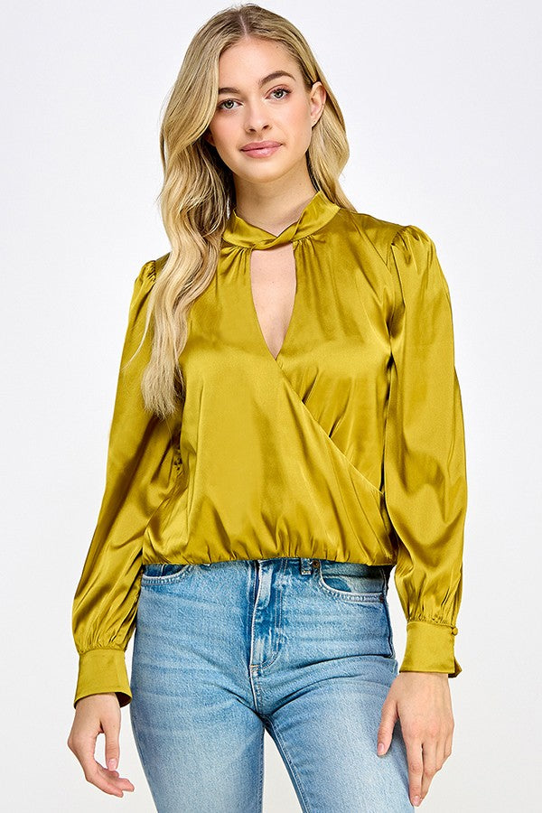 Citron Long Sleeve Surplice Top With Twisted Neck