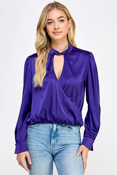 Deep Purple Long Sleeve Surplice Top With Twisted Neck