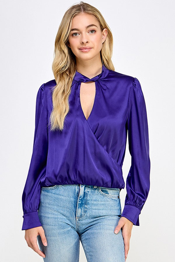 Deep Purple Long Sleeve Surplice Top With Twisted Neck
