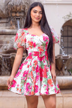 White Multi Printed Bubble Sleeve Flare Mini Dress