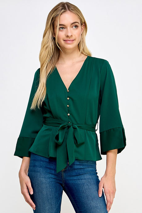 Forest Green 3/4 Sleeve V Neck Button With Belted Top