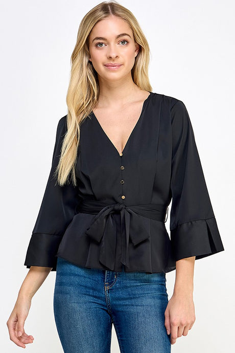 Black3/4 Sleeve V Neck Button With Belted Top
