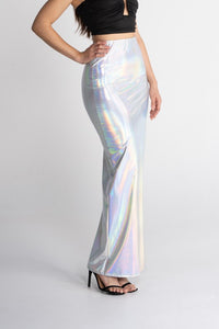 Silver Aurora Maxi Holographic Foil Skirt