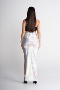 Silver Aurora Maxi Holographic Foil Skirt