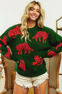 Jade/Orange Tiger Pattern Round Neck Sweater