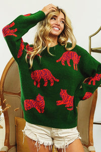 Jade/Orange Tiger Pattern Round Neck Sweater