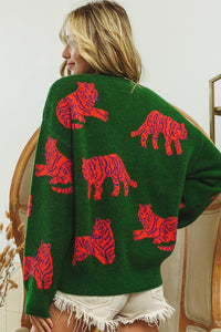 Jade/Orange Tiger Pattern Round Neck Sweater