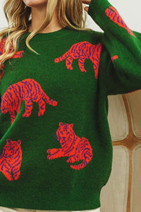 Jade/Orange Tiger Pattern Round Neck Sweater