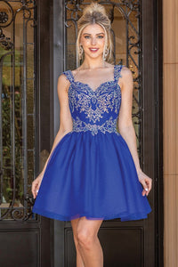 Royal Blue Sequin Lace Embellished A Line Short Dress