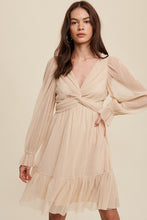 Champagne Twist Front Pleated Mesh Mini Dress
