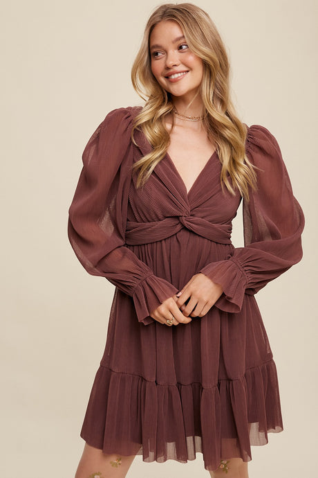 Red Bean Twist Front Pleated Mesh Mini Dress