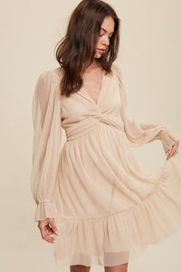 Champagne Twist Front Pleated Mesh Mini Dress