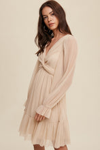 Champagne Twist Front Pleated Mesh Mini Dress