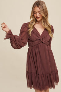 Red Bean Twist Front Pleated Mesh Mini Dress