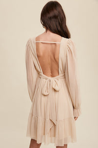 Champagne Twist Front Pleated Mesh Mini Dress