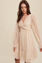 Champagne Twist Front Pleated Mesh Mini Dress