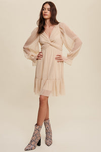 Champagne Twist Front Pleated Mesh Mini Dress