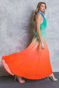 Orange Sleeveless Ombre Maxi Pleat Dress