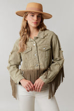 Olive Washed Distressed Jacket With Fringe Detail