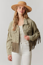 Olive Washed Distressed Jacket With Fringe Detail