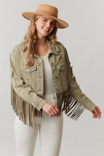 Olive Washed Distressed Jacket With Fringe Detail