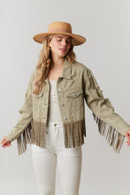 Olive Washed Distressed Jacket With Fringe Detail