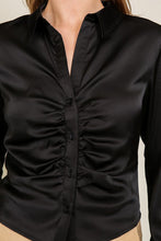 Black Long Sleeve Satin Top With Front Pleated Detail