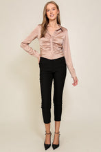 Taupe Long Sleeve Satin Top With Front Pleated Detail