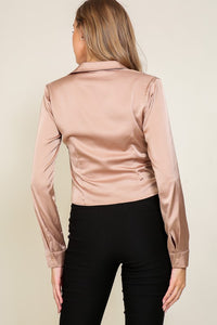 Taupe Long Sleeve Satin Top With Front Pleated Detail