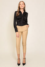 Black Long Sleeve Satin Top With Front Pleated Detail