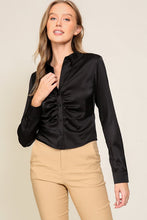 Black Long Sleeve Satin Top With Front Pleated Detail