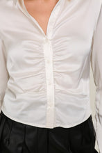 Off White Long Sleeve Satin Top With Front Pleated Detail